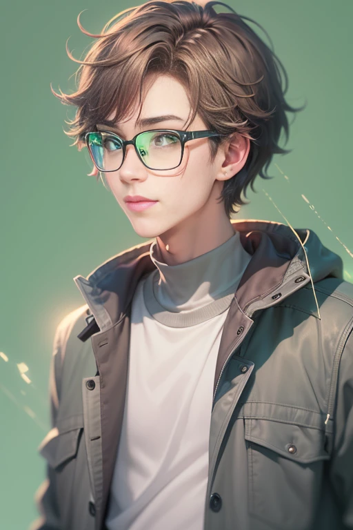 Cool college student, (Man's), (short brown hair), Wear a light smile, Wearing narrow mental frame glasses, (Small glasses), Wear a gray coat, White Plain T-Shirt, Black jeans ,((Green background)),(Anime style), (Cinematic lighting), (Ray tracing), ((reflective light)), ((half - body shot)), Atmospheric perspective, masutepiece, 准确, ((Best Quality)), High quality, Super Detail, high details, Anatomically correct, hight resolution, 1080p,