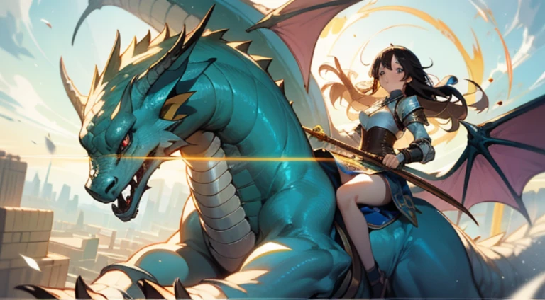 in a fantasy world,Once upon a time there was a brave and beautiful girl,Riding a dragon and soaring into the sky。She is very tall、robust,Exudes confidence and determination。
girl wearing gorgeous armor,shiny metallic light。Her long hair flowed like a waterfall,With the wind blowing,Dance in the air。Her eyes were bright and sharp,Show wisdom and determination。
She has a close connection with dragons,Like two people become one。This dragon is so big,it spreads its wings and flies,Take the girl to the sky,Presenting a magnificent and sacred scene。