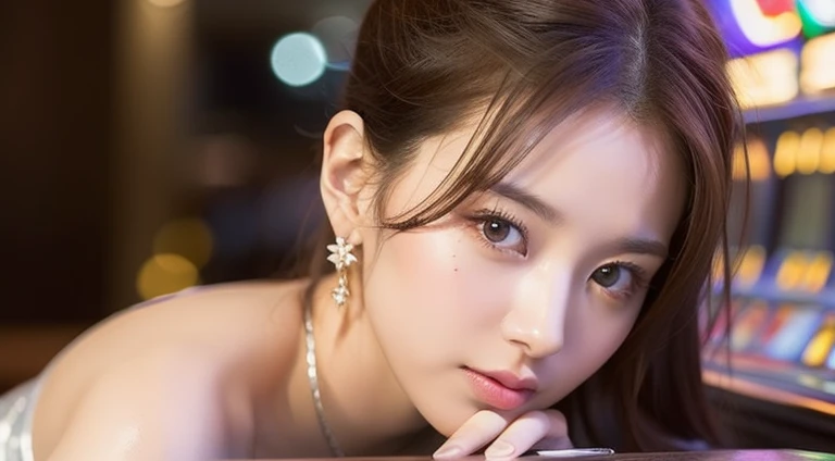Random posture, (An extremely delicate and beautiful work), (masterpiece), 1girls, Girl in silver dress, Very detailed, Leaky waist, Ponytail distortion, attractive appearance;;;, beautiful clear eyes, green eye pupil, delicate necklace, delicate earrings, Angel ears, simple blurred background, Very detailed explanation.., Beautiful, charming, ultra-fine painting, delicate face, delicate figure, Thin collarbone, beautiful lips, Beautiful breasts, soft behind, mix4, (10, RAW photo, bestquality, masterpiece: 1.2), (Realistic, photorealistic portrait: 1.37), 1 girl, kawaii, city scape, nighttime, It's raining, wet, Professional lighting, photons mapping, radiosity, Physically Based Rendering, (Quite difficult 1.1), (Saw the head of the dress...: 1.4), White skin(Random background,In casinos,VIP casino room, Modern Casino Console, Modern Slot Machines )