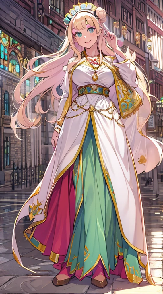 galko,1girl, solo, smile, full body, standing, long skirt, priestess, religious, holy, cute, blush, ,tall female, medieval clothing, white veil, tunic, long skirt,boots, huge brest, curvy,sexy, sensual, volouptouse, thicc, , jade green eyes, makeup, half lipstic,red lipstick
