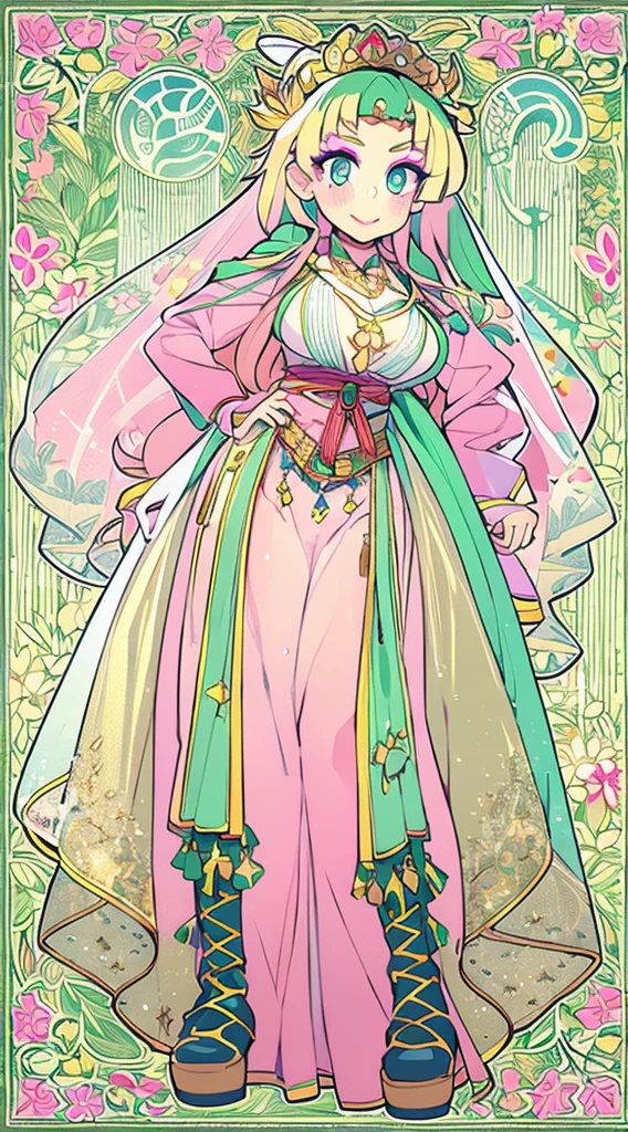 galko,1girl, solo, smile, full body, standing, long skirt, priestess, religious, holy, cute, blush, ,tall female, medieval clothing, white veil, tunic, long skirt,boots, huge brest, curvy,sexy, sensual, volouptouse, thicc, , jade green eyes, makeup, half lipstic,pink lipstick, halflipstick