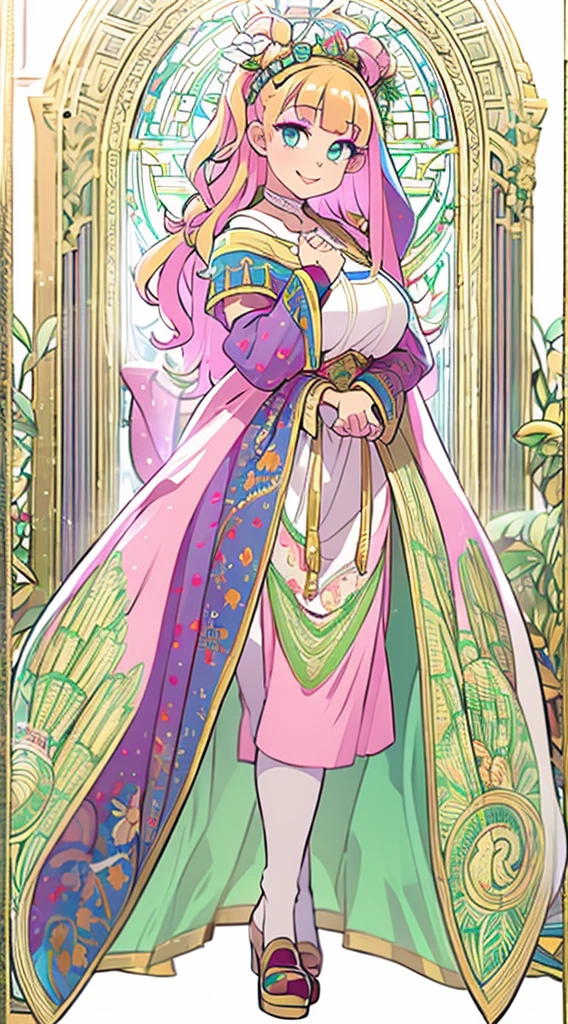 galko,1girl, solo, smile, full body, standing, long skirt, priestess, religious, holy, cute, blush, ,tall female, medieval clothing, white veil, tunic, long skirt,boots, huge brest, curvy,sexy, sensual, volouptouse, thicc, , jade green eyes, makeup, half lipstic,red lipstick