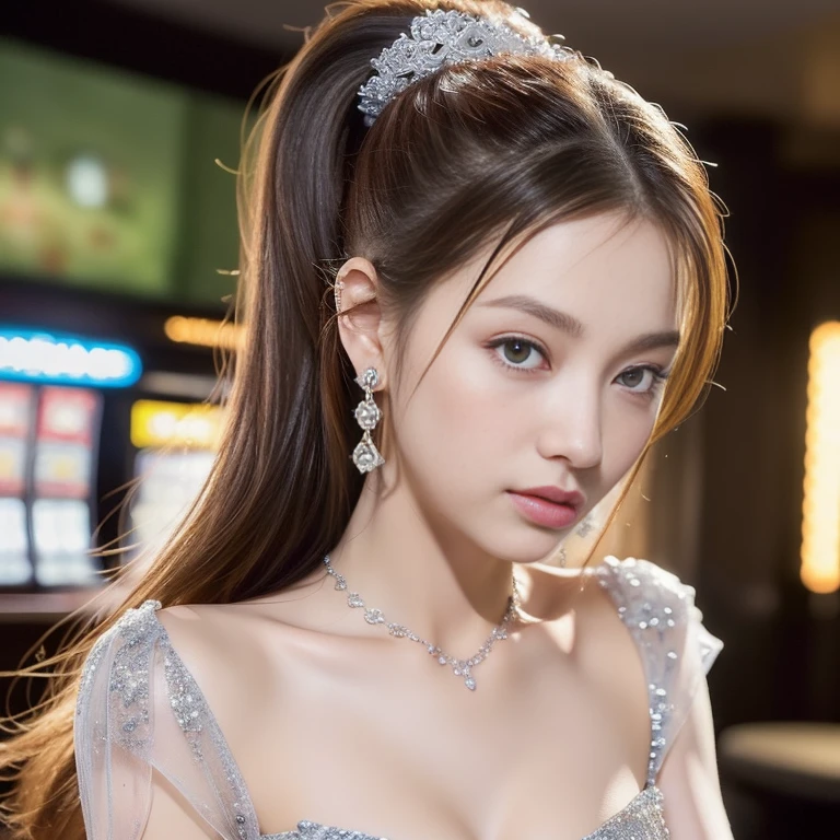 Random posture, (An extremely delicate and beautiful work), (masterpiece), 1girls, Girl in silver dress, Very detailed, Leaky waist, Ponytail distortion, attractive appearance;;;, beautiful clear eyes, green eye pupil, delicate necklace, delicate earrings, Angel ears, simple blurred background, Very detailed explanation.., Beautiful, charming, ultra-fine painting, delicate face, delicate figure, Thin collarbone, beautiful lips, Beautiful breasts, soft behind, mix4, (10, RAW photo, bestquality, masterpiece: 1.2), (Realistic, photorealistic portrait: 1.37), 1 girl, kawaii, city scape, nighttime, It's raining, wet, Professional lighting, photons mapping, radiosity, Physically Based Rendering, (Quite difficult 1.1), (Saw the head of the dress...: 1.4), White skin(Random background,In casinos,VIP casino room, Modern Casino Console, Modern Slot Machines )