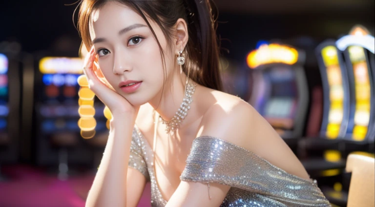 Random posture, (An extremely delicate and beautiful work), (masterpiece), 1girls, Girl in silver dress, Very detailed, Leaky waist, Ponytail distortion, attractive appearance;;;, beautiful clear eyes, green eye pupil, delicate necklace, delicate earrings, Angel ears, simple blurred background, Very detailed explanation.., Beautiful, charming, ultra-fine painting, delicate face, delicate figure, Thin collarbone, beautiful lips, Beautiful breasts, soft behind, mix4, (10, RAW photo, bestquality, masterpiece: 1.2), (Realistic, photorealistic portrait: 1.37), 1 girl, kawaii, city scape, nighttime, It's raining, wet, Professional lighting, photons mapping, radiosity, Physically Based Rendering, (Quite difficult 1.1), (Saw the head of the dress...: 1.4), White skin(Random background,In casinos,VIP casino room, Modern Casino Console, Modern Slot Machines )