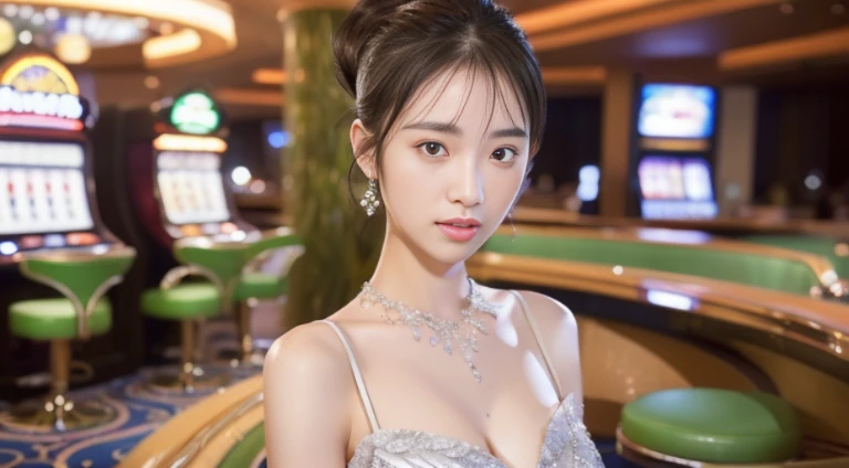 Random posture, (An extremely delicate and beautiful work), (masterpiece), 1girls, Girl in silver dress, Very detailed, Leaky waist, Ponytail distortion, attractive appearance;;;, beautiful clear eyes, green eye pupil, delicate necklace, delicate earrings, Angel ears, simple blurred background, Very detailed explanation.., Beautiful, charming, ultra-fine painting, delicate face, delicate figure, Thin collarbone, beautiful lips, Beautiful breasts, soft behind, mix4, (10, RAW photo, bestquality, masterpiece: 1.2), (Realistic, photorealistic portrait: 1.37), 1 girl, kawaii, city scape, nighttime, It's raining, wet, Professional lighting, photons mapping, radiosity, Physically Based Rendering, (Quite difficult 1.1), (Saw the head of the dress...: 1.4), White skin(Random background,In casinos,VIP casino room, Modern Casino Console, Modern Slot Machines )