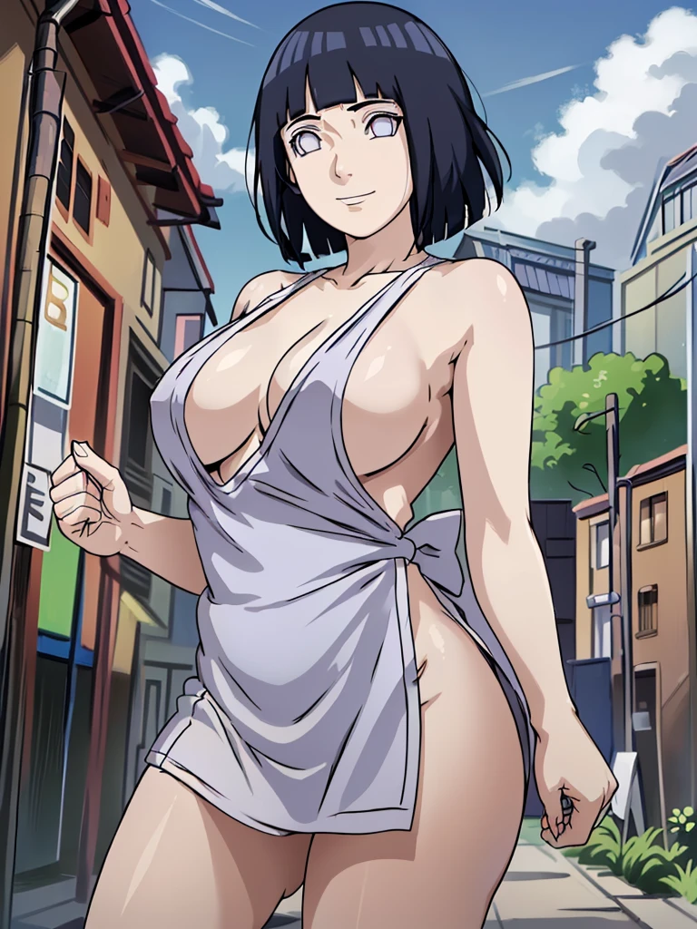 naked wearing white apron only,, ((thick arms)), , stretching , anime style, cute , beautiful , nice body, soft body, (hinata\(boruto\), (slender body), mature woman , broad shoulders, off-shoulders, (naked wearing white apron only, bare arms, bare hands), smile, closed mouth, pale skin, , smile, (dark blue hair color:1.1), wavy hair, floating hair, ((very short hair, hime cut), big breasts, (closed fists), , (perfect eyes, white sciera, bright eyes, white eyes, anime eyes)