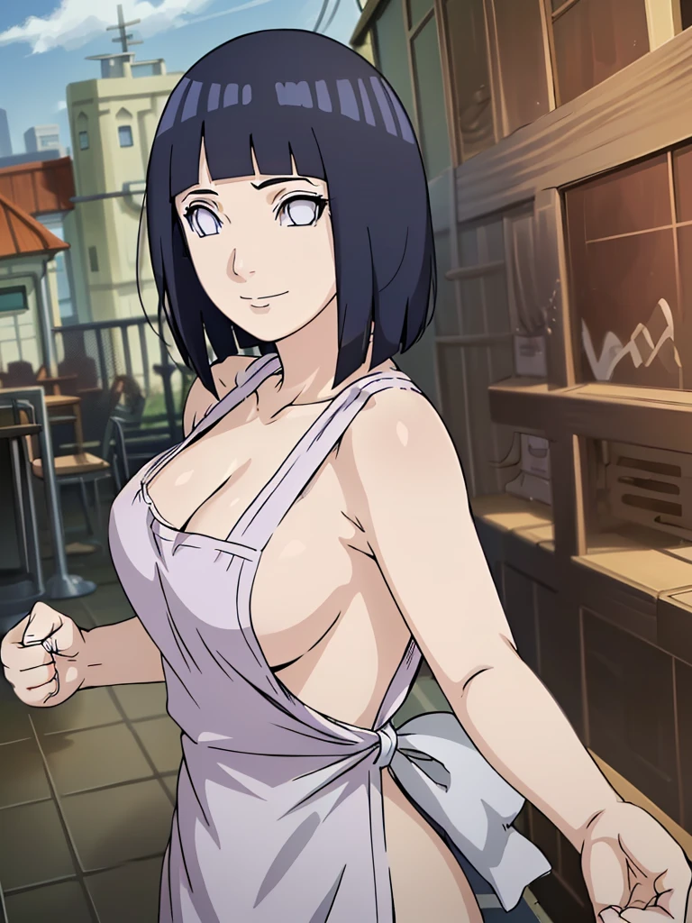 naked wearing white apron only,, ((thick arms)), , stretching , anime style, cute , beautiful , nice body, soft body, (hinata\(boruto\), (slender body), mature woman , broad shoulders, off-shoulders, (naked wearing white apron only, bare arms, bare hands), smile, closed mouth, pale skin, , smile, (dark blue hair color:1.1), wavy hair, floating hair, ((very short hair, hime cut), big breasts, (closed fists), , (perfect eyes, white sciera, bright eyes, white eyes, anime eyes)