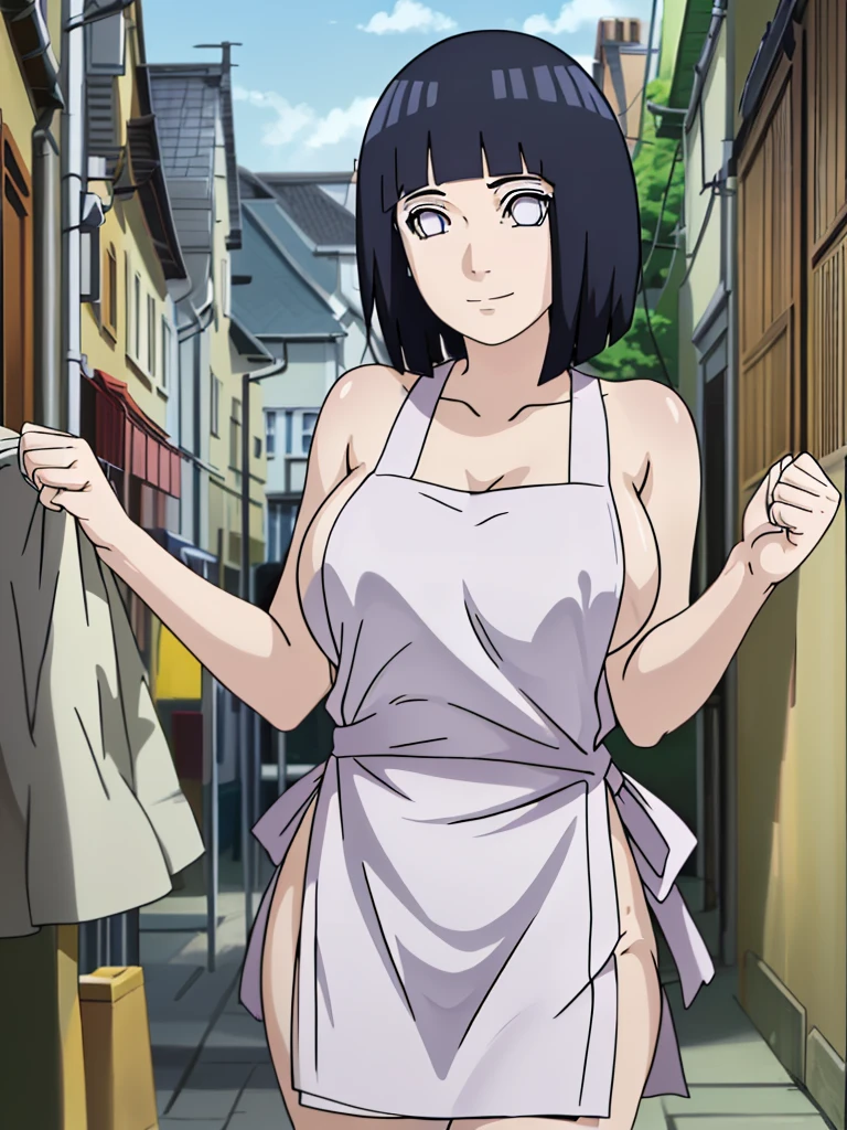 naked wearing white apron only,, ((thick arms)), , stretching , anime style, cute , beautiful , nice body, soft body, (hinata\(boruto\), (slender body), mature woman , broad shoulders, off-shoulders, (naked wearing white apron only, bare arms, bare hands), smile, closed mouth, pale skin, , smile, (dark blue hair color:1.1), wavy hair, floating hair, ((very short hair, hime cut), big breasts, (closed fists), , (perfect eyes, white sciera, bright eyes, white eyes, anime eyes)