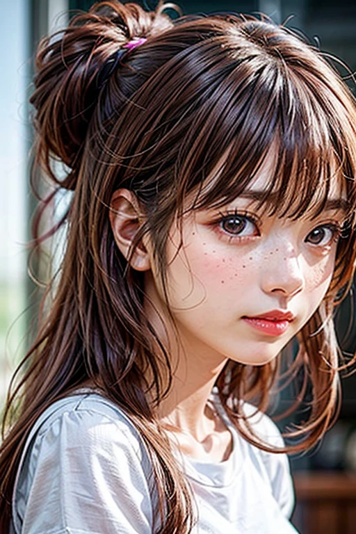 1girl in, Idol, close-up, 鎖骨, ,, Photo, movie, depth of fields, Skin Texture, T-shirt, rubber band, topknot, Long hair, hair messy, freckle,
