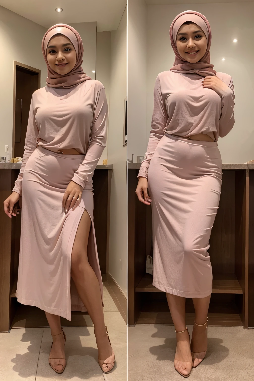 RAW, Best quality, high resolution, masterpiece: 1.3, 1 beautiful Malay woman in hijab, big gorgeous eyes, smiling, wearing loose long sleeve blouse and really tight long skirt, full covered, in changing room, Excellent lighting, Bright colors, Clean lines, full body shot.