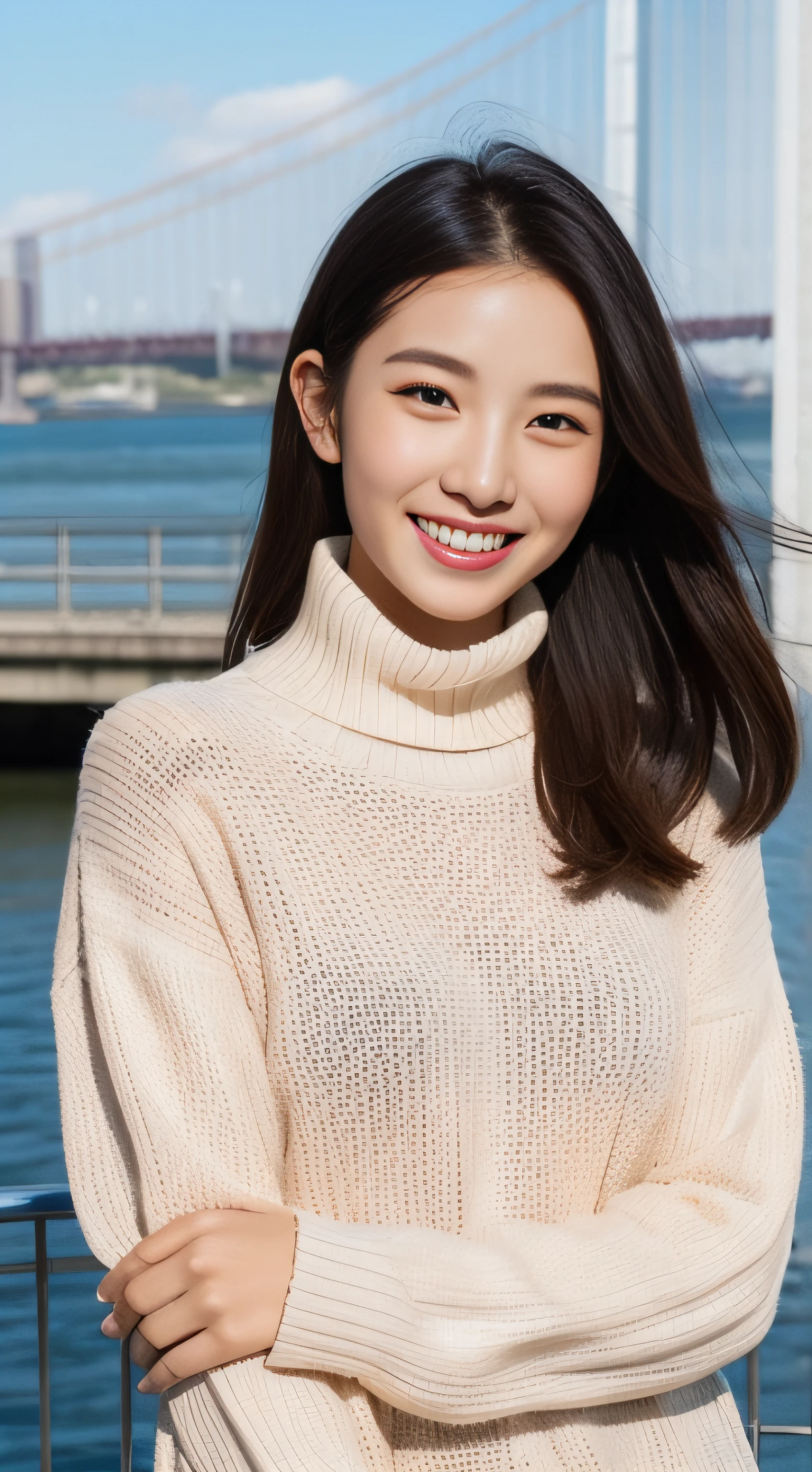The face is a hostess、Wear a turtleneck sweater、hiquality、A hyper-realistic、healthy、Smiling expression、Slender perfect figure、Japan beauties、beautidful eyes、face perfect、Beautiful skin、The upper part of the body、Yokohama Bay Bridge