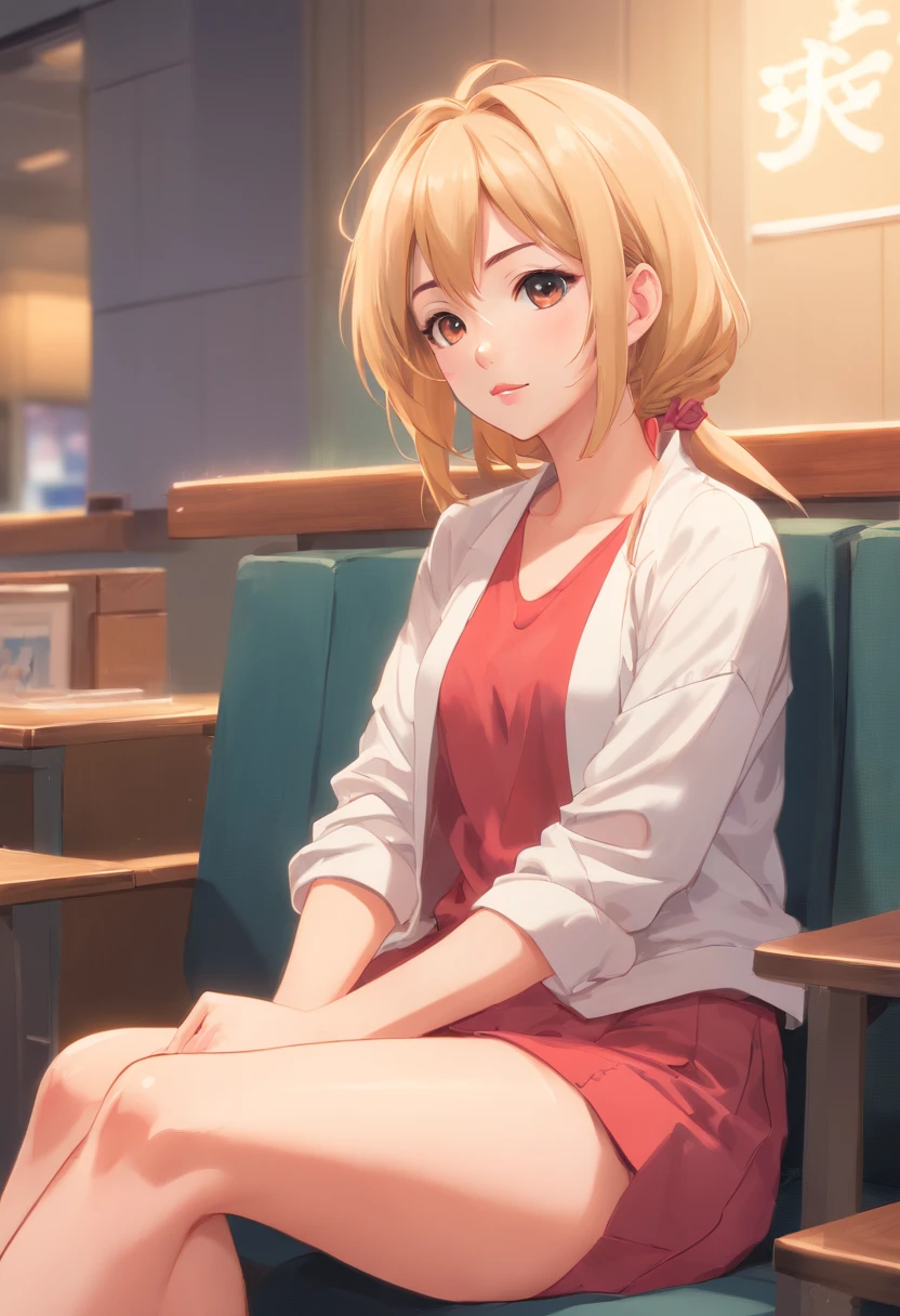 official art, masterpiece, sharp focus, (beautiful gorgeous cute woman:1.3), (beautiful cute :1.3), Cuban beauty, 30 y.o., Delicate and beautiful blonde and pink hair, big lips Red, large nose, realistic, ultra detailed, beautiful girl. She Is sitting spreading legs