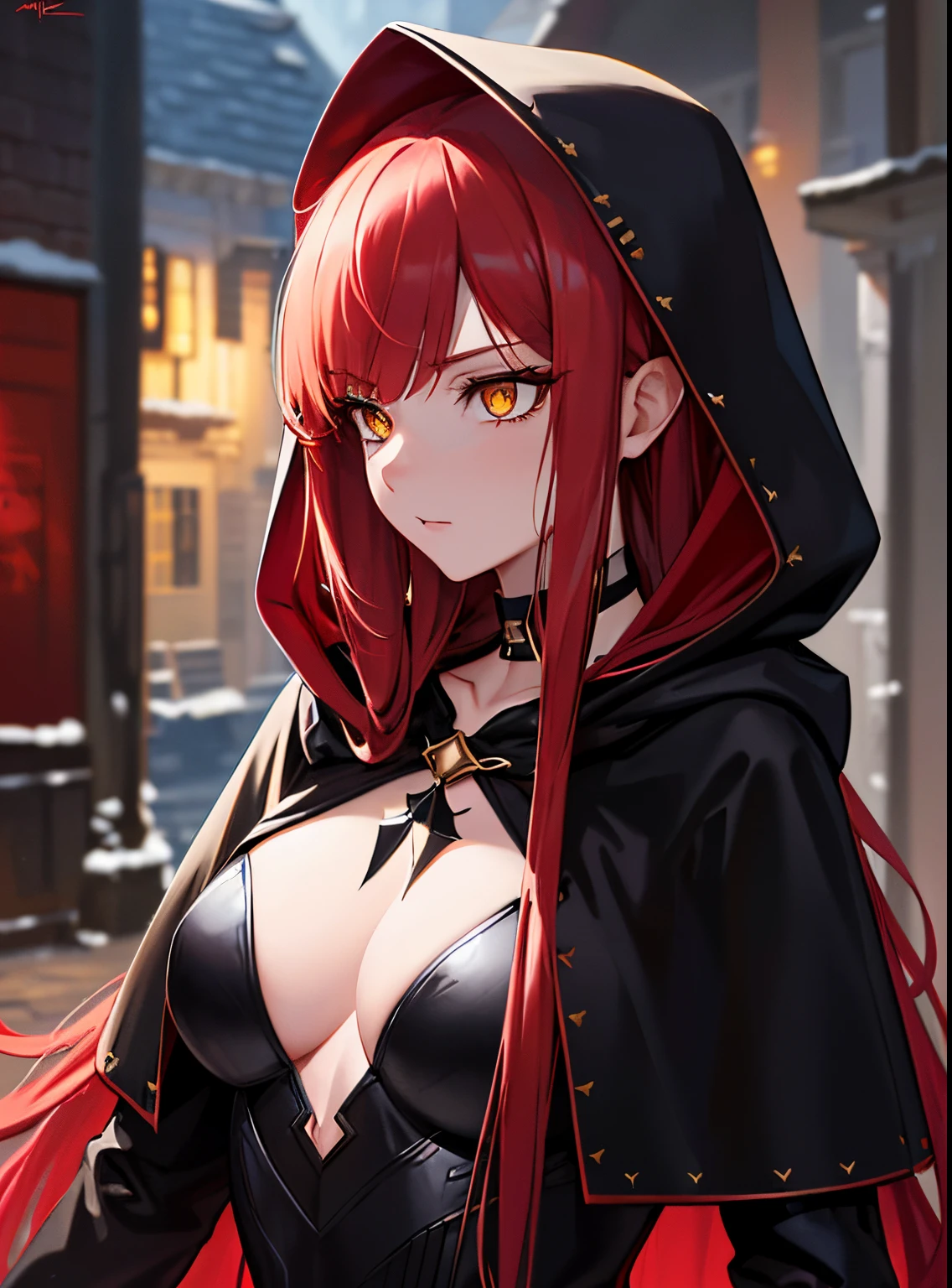 (masterpiece, best quality) an adult woman with very long red hair, ((walking through a village)), ((black feathers)), ((close-up)), neckline, ((hood)), black ribbons, red leather, (profile picture), black bows, bodysuit, cold look, queen, good anatomy, correct proportions, torn clothes, queen, yellow eyes, serious, mysterious appearance, blood, emotionless, straight bangs, very long red hair,  Evil, (Yellow Eyes), Gothic, Medium Chest, ((Chest to Head Show)), Cinematics, Color Oil Painting, Solo, Cinematic Lighting, Extremely Detailed Face, Finely Detailed Face, Beautiful Face, Beautiful Eyes, Perfect Lighting, Depth of Field, Realistic Proportions, Good Anatomy