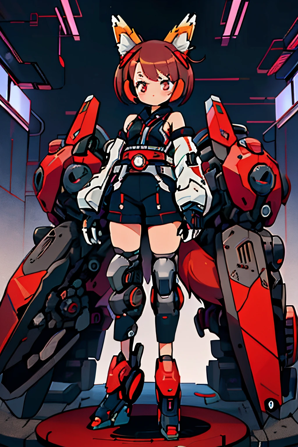 Masterpiece, intricate, anime style, full body, 1girl, rakkun, mecha girl, racoon ears, 1tail, fluffy tail, racoon tail, brown and light brown ringed tail, red and blue eyes blurred, cyber eyes, short hair, red inner hair, brown hair, a strand of hair on the left side, red hair strips, cybernetic body, mecha arms, mecha legs, mechanical arms, mechanical legs, short black shirt uncovered on the shoulders and with a black mesh with black borders up to the collar, polo shirt, short black skitr whit dark red checkered, black belt around the waist, looking at viewer, best quality, 4k,highres, professional art, professional drawing, professional lineart, outlined markers