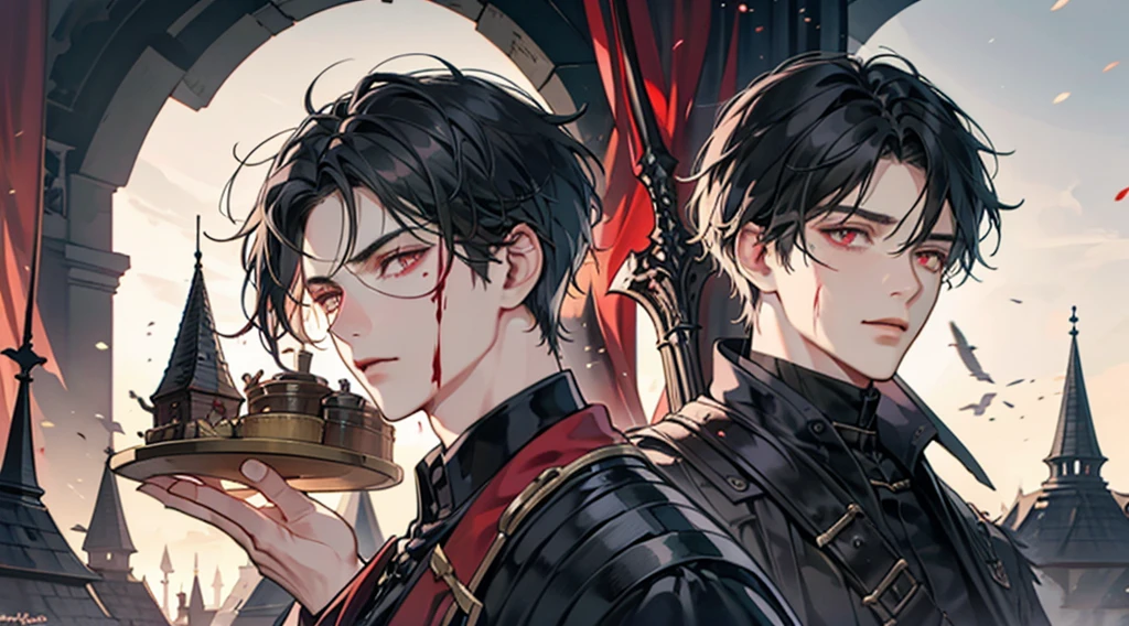 1 male, adult, adult face, short messy black hair , handsome, beautiful, blood red eyes, detailed eyes, condescending, arrogant, royalty, tyrannical ruler, dark souls, close up, condescending, medieval castle background