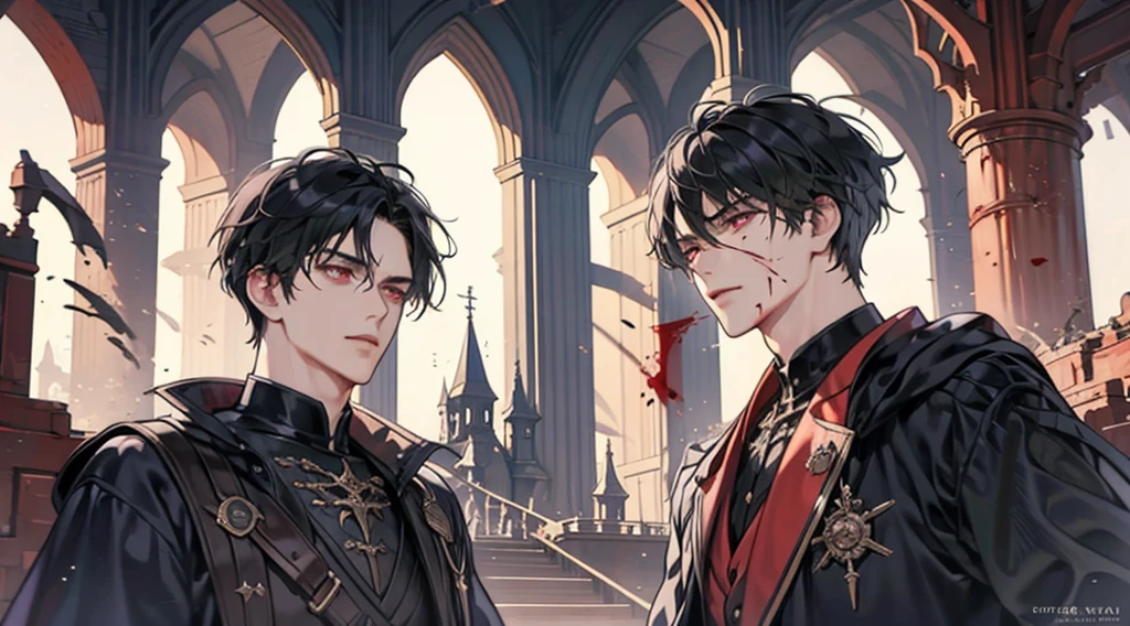 1 male, adult, adult face, short messy black hair , handsome, beautiful, blood red eyes, detailed eyes, condescending, arrogant, royalty, tyrannical ruler, dark souls, close up, condescending, medieval castle background