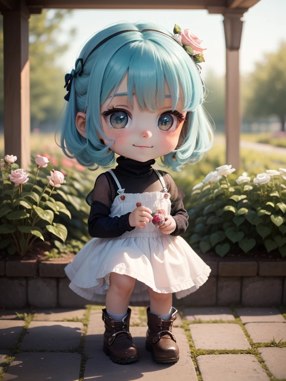 Anime chibi cute ,(Super Obra-Prima、qualidade superior、ultra-detalhada、1 menina em、Chibi:1.5)、Chibi da moda、Modelo de Moda、White Turtleneck Mesh & saia plissada、Botas rendadas、fora de casa、(Rosas azuis:1.1)、(Coloma Rose Garden in Belgium:1.2)、O melhor sorriso、looking at the camera、Um rosto detalhado、highdetailskin、Aqua Blue Sauvage Cabelo、(Chibi:1.4)todas em 8k