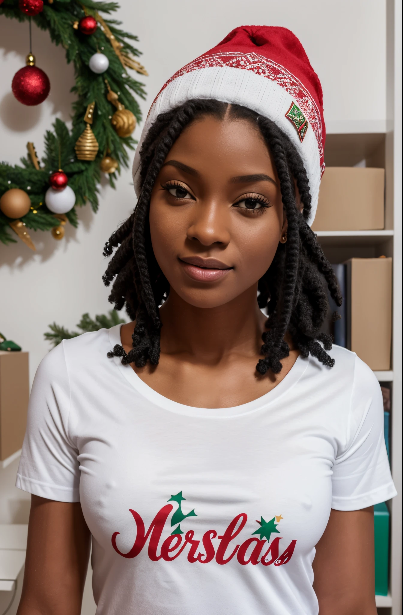 Uma mulher usa uma camiseta branca, mulher negra, pele escura, jovem africana, In a studio with white background , com um gorro de natal, wearing a red Christmas hat surrounded by gifts in an undecorated white room, usando uma camiseta sem estampa.she's facing the viewer, com o gorro de natal, camiseta superbranca sem desenhos ou letras, pele preta, cabelo crespo, cabelo encaracolado, menina africana negra, basic hering style t-shirt, cabelo crespo, fundo totalmente branco, afro braided hair, tshirt totalmente lisa sem desenhos ou escritos