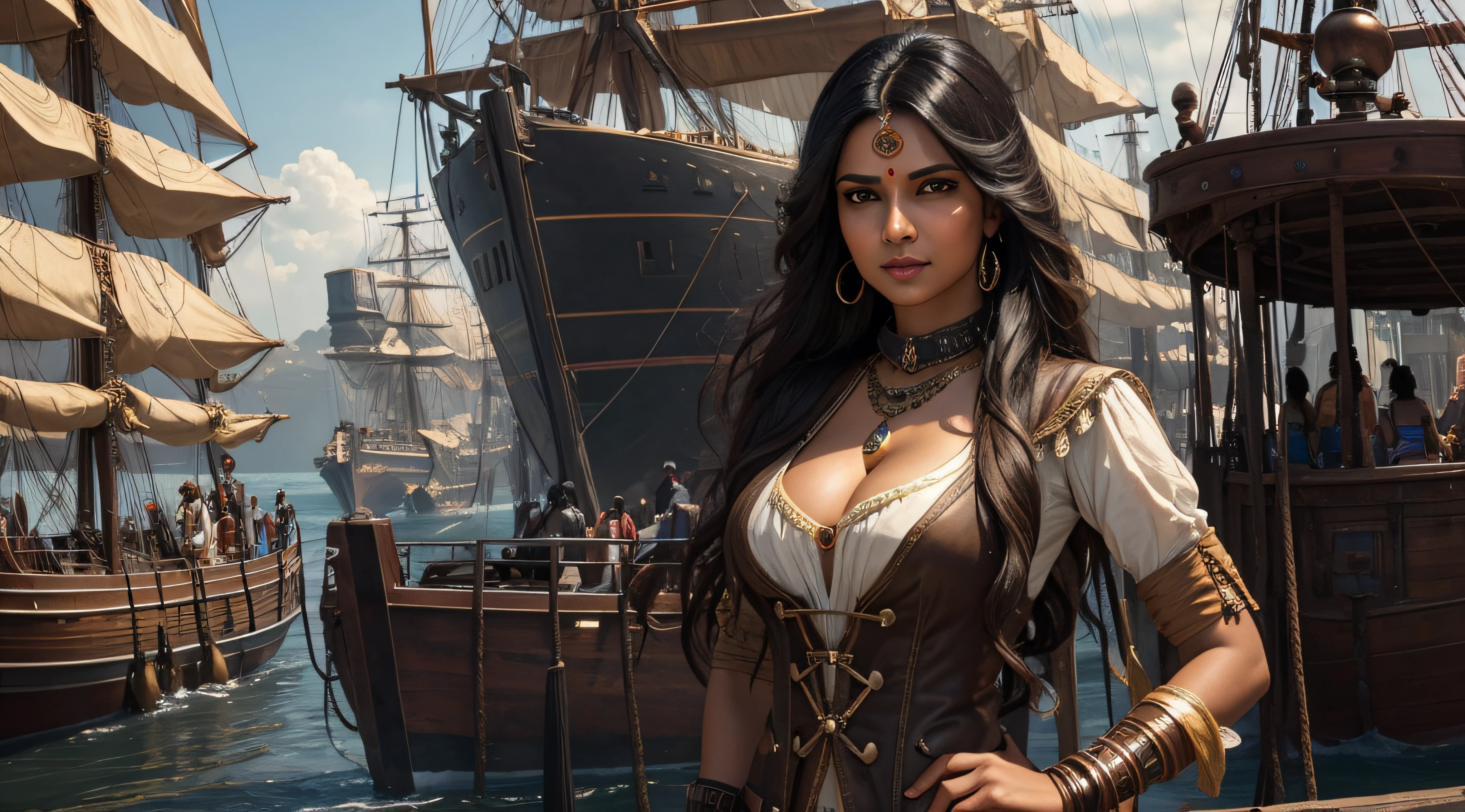 Indian woman, brown skin, light brown eyes, long black hair, cleavage, steampunk, background steampunk port, realistic, ultra-real, HD, High Definition, upper body, shipyard, background sailboats and people working,