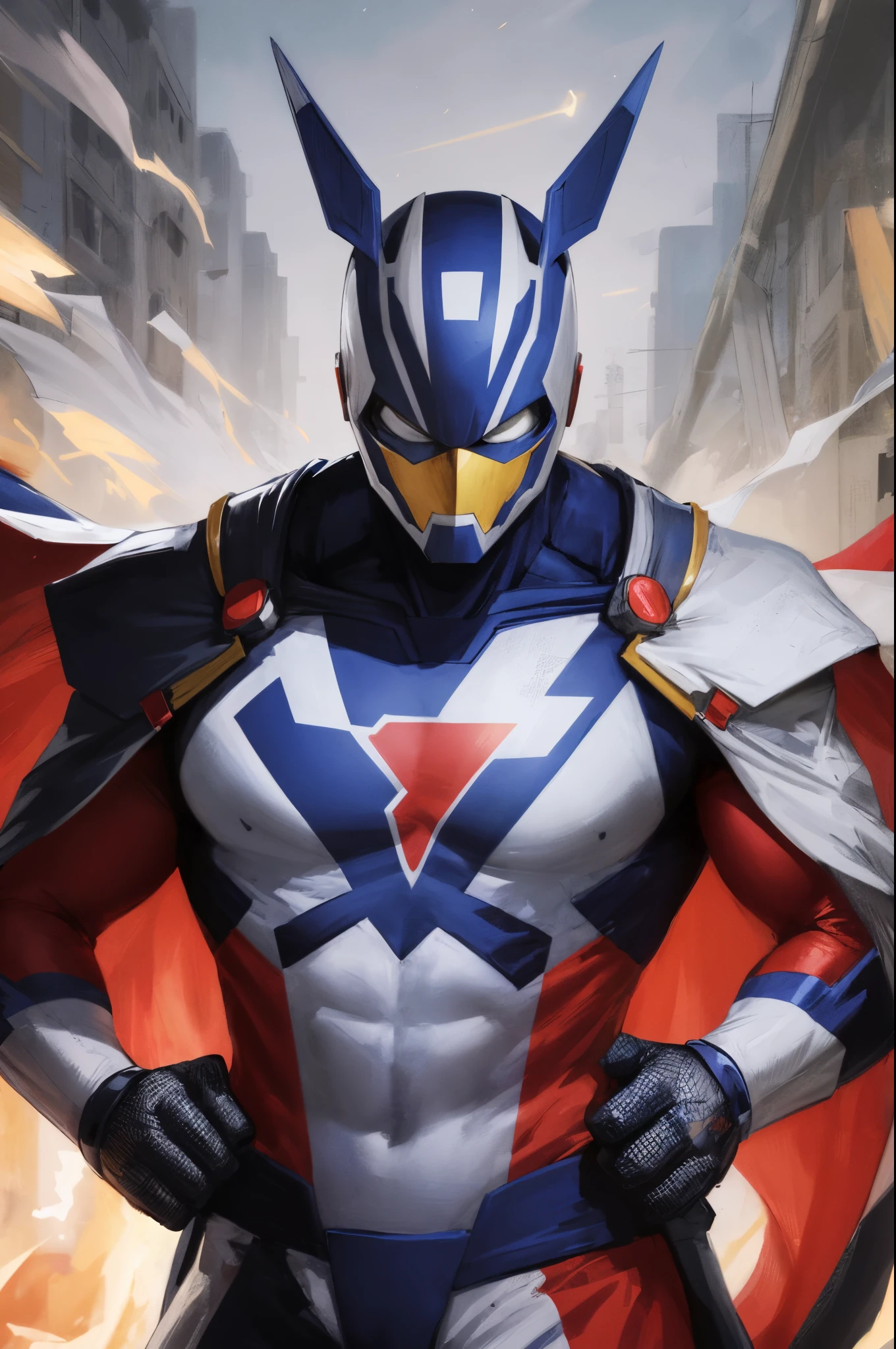 Create picture of Cambodia super hero with Cambodia flage on the chest. Use blue red and white as main color, the suit design is follow Khmer culture design, do not include any star on their body