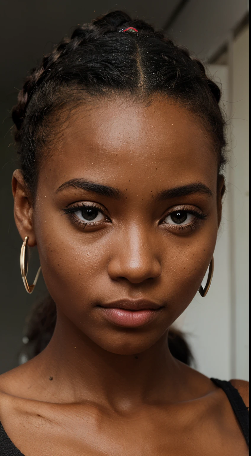 superbe fille africaine, krøllet hår, yeux bleus, hyperrealistisk, gennemsigtigt lingeri hvidt, plantureuse poitrine, ornement au cou, boucle d'oreilles, percing au nez, en kort, science fiction