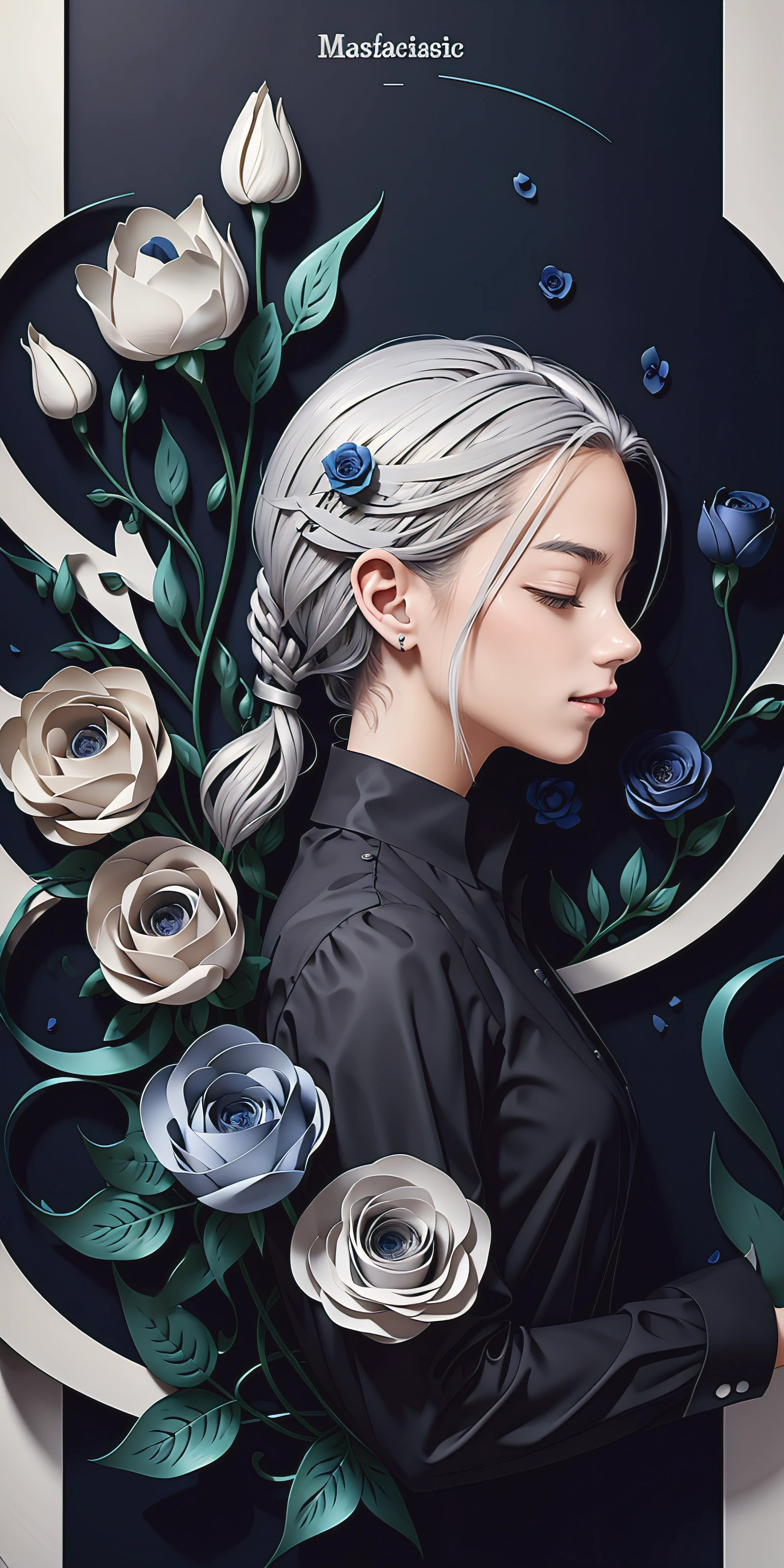 realistic, (best quality, masterpiece:1.3),book cover design,english text,
1girl,solo, silver hair, bright pupils, hair slicked back, long hair, black shirt, expressionless, closed eyes,
abstract background, flower, blue rose, fantasy,
paperCut