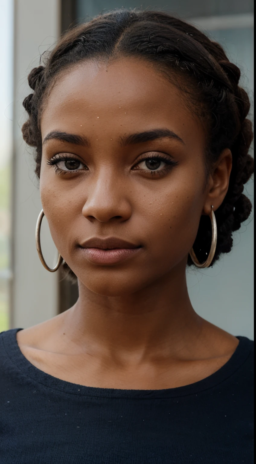 superbe fille africaine, krøllet hår, yeux bleus, hyperrealistisk, gennemsigtigt lingeri hvidt, plantureuse poitrine, ornement au cou, boucle d'oreilles, percing au nez, en kort, science fiction