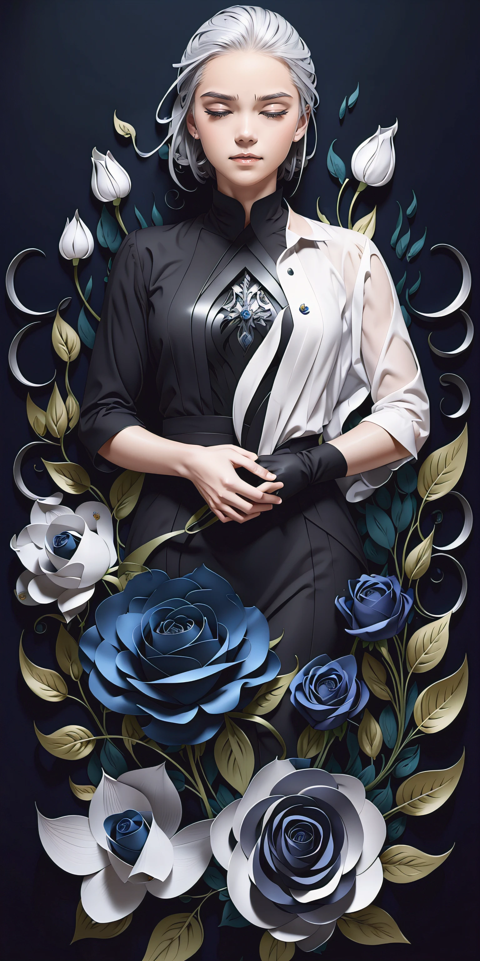 realistic, (best quality, masterpiece:1.3),book cover design,english text,
1girl,solo, silver hair, bright pupils, hair slicked back, long hair, black shirt, expressionless, closed eyes,
abstract background, flower, blue rose, fantasy,
paperCut