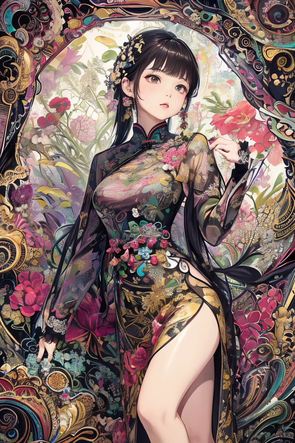 (masterpiece、top-quality、top-quality、Official art、Beautifully Aesthetic:1.2)、(One girl:1.3)、A highly detailed、(Fractal Art:1.1)、(dark color:1.1)(florals:1.3)、The most detailed、(Zentangle:1.2)、(Dynamic Poses)、(abstract background:1.3)、(qipao dress:1.2)、(shinny skin)、(Many colors:1.4)、、(耳环:1.4)、
