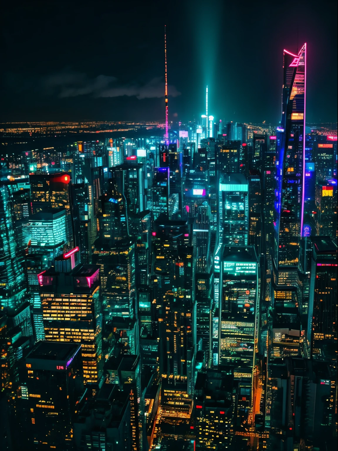 Cyberpunk skyscraper neon city night view looking down from above