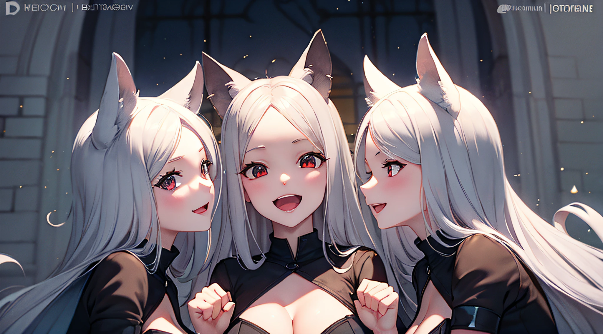 High quality, unreal engine, medium breasts, orgazm, happy face, Three girls, trio, Cat ears, demon tail