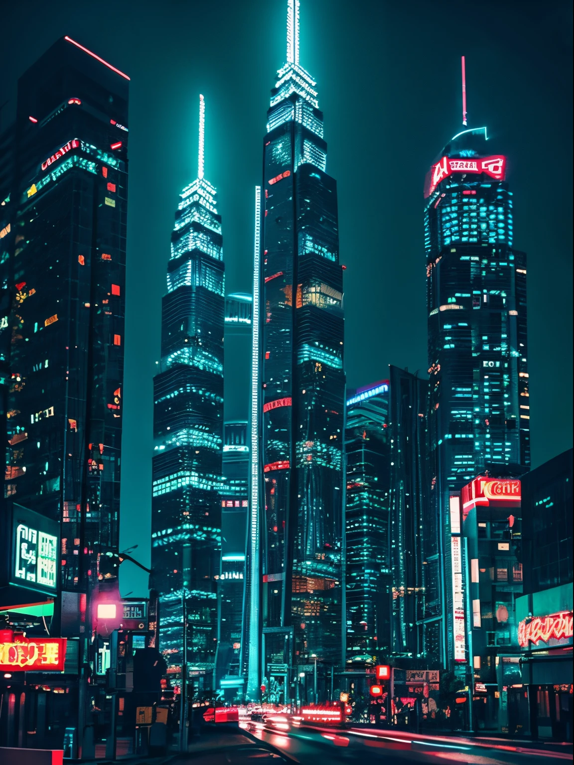 cyberpunk skyscraper neon city night view