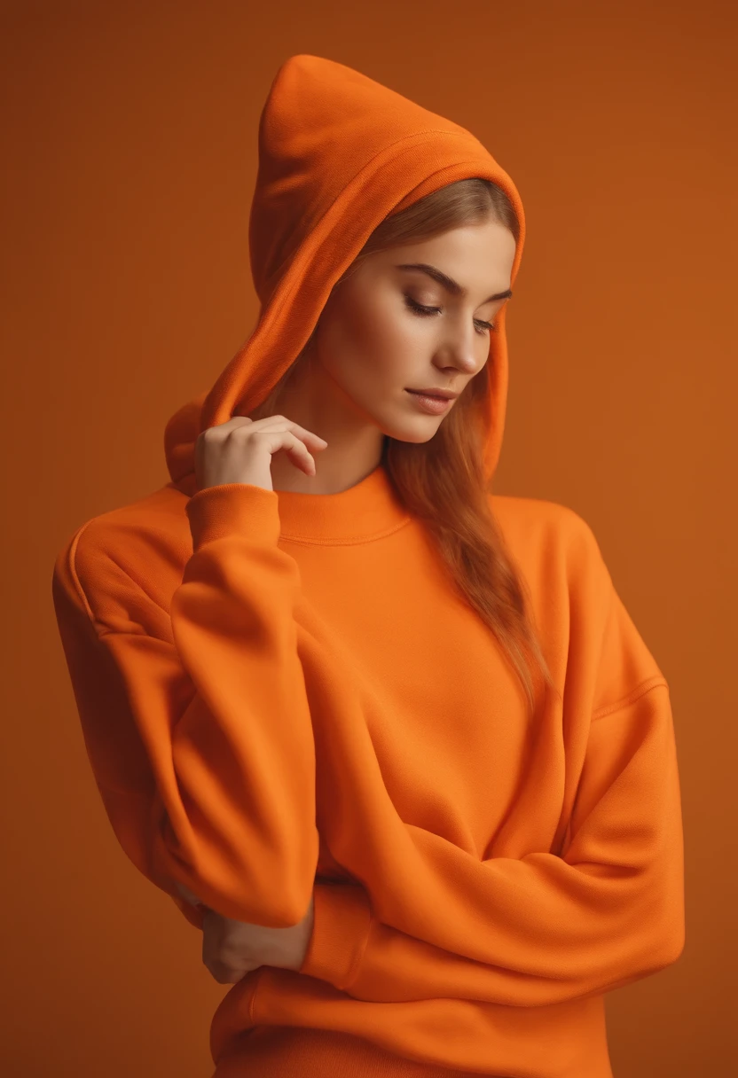 3d model of orange sweatshirt, made in a soft style, dreamy quality, feminine exuberance, Matte Photo, without inscriptions and logos