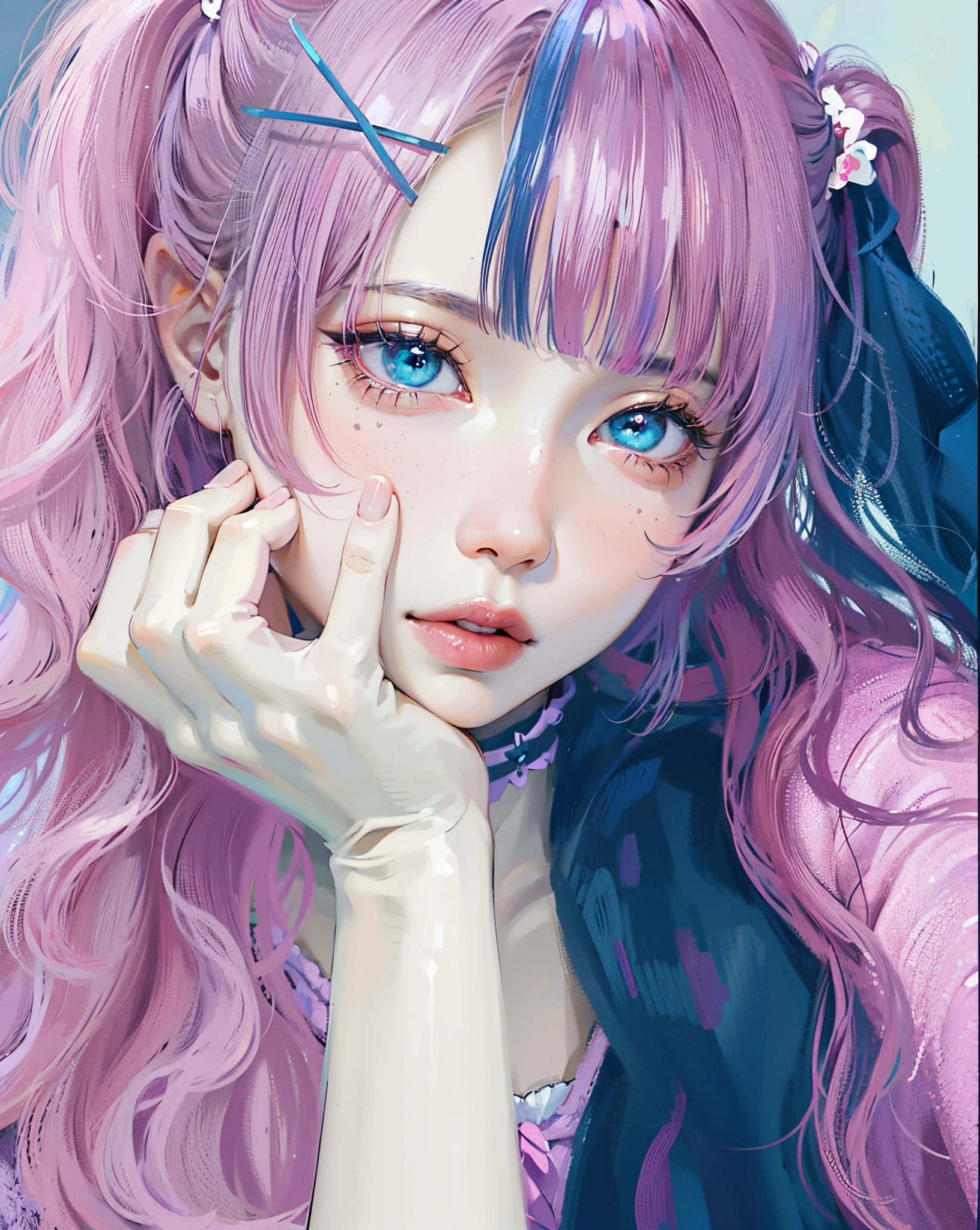 Masterpiece, best quality, high quality, ultra detailed, 1girl, close up, kawaii portrait, pink hair, pink half twin-tails, deep purple streaks hair, cyan eyes, fairycore, portrait, magical lolita girl, creepy kawaii, harajuku hair, hand on her cheek, hairpin