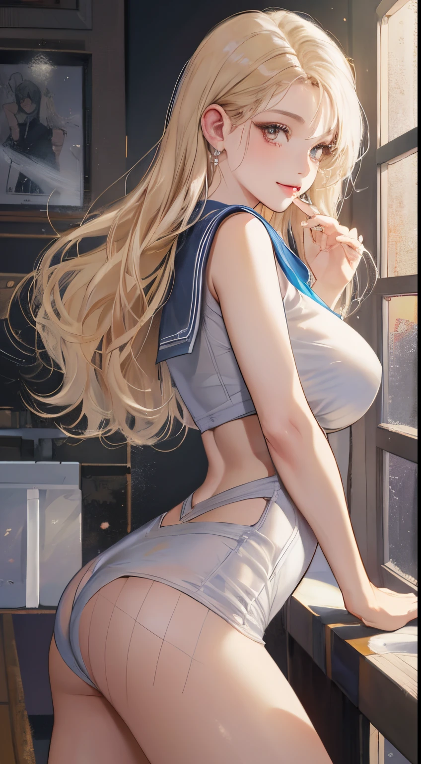 top-quality、realistic touch,high-detail、photoRealstic、、Long body、skirts that are too short、big eye、Big breasts that are about to fall out of your clothes、Strong platinum blonde eyelashes、platinum-blonde、Beautie、A sexy、full body Esbian、Sparkling eyes、Submissive smile、Flushed cheeks、Kamimei、thin-waist、Sleeveless、Voluptuous thighs、Enraptured look、body suit、Raked bangs、The forehead is protruding、Butt sticking out pose、See-through clothing、a sailor suit