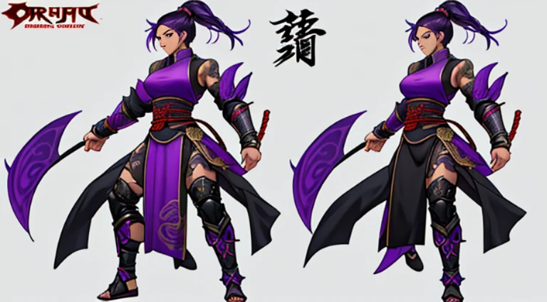 Sexy Asian warrior girl. Black and purple hair. Dragon armor motif. I'm the style of mortal Kombat. Concept art using wing chun martial arts. Show full body. Sex appeal.