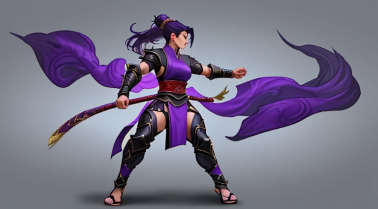 Sexy Asian warrior girl. Black and purple hair. Dragon armor motif. I'm the style of mortal Kombat. Concept art using wing chun martial arts. Show full body. Sex appeal.