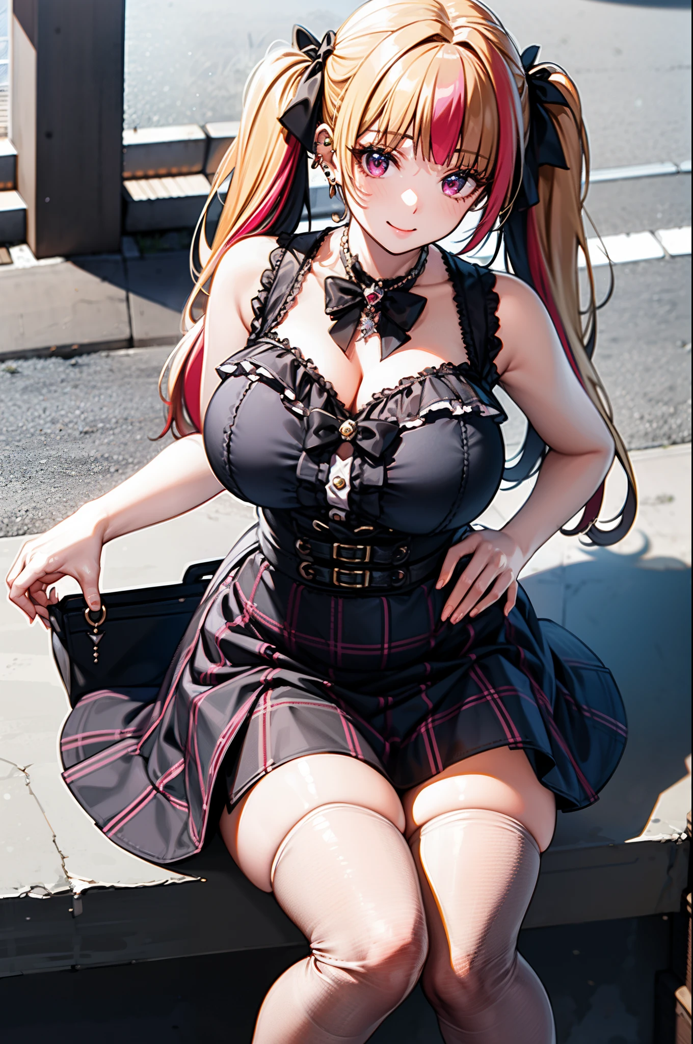 masterpiece, best quality, highres, hs1, light pink eyes, wide hips, thick thighs, upskirt, sleeveless, cleavage, (blonde hair), twin tails, blunt bangs, (streaky hair), bowtie, black thighhighs, micro skirt, plaid skirt, red ribbon, garter straps, huge breasts, outdoors, cowboy shot, from above, handbag, holding money, panties, full smile, looking at viewer, thick thighs, jirai kei, simple background, sakura, necklaces, ear piercings, sitting,