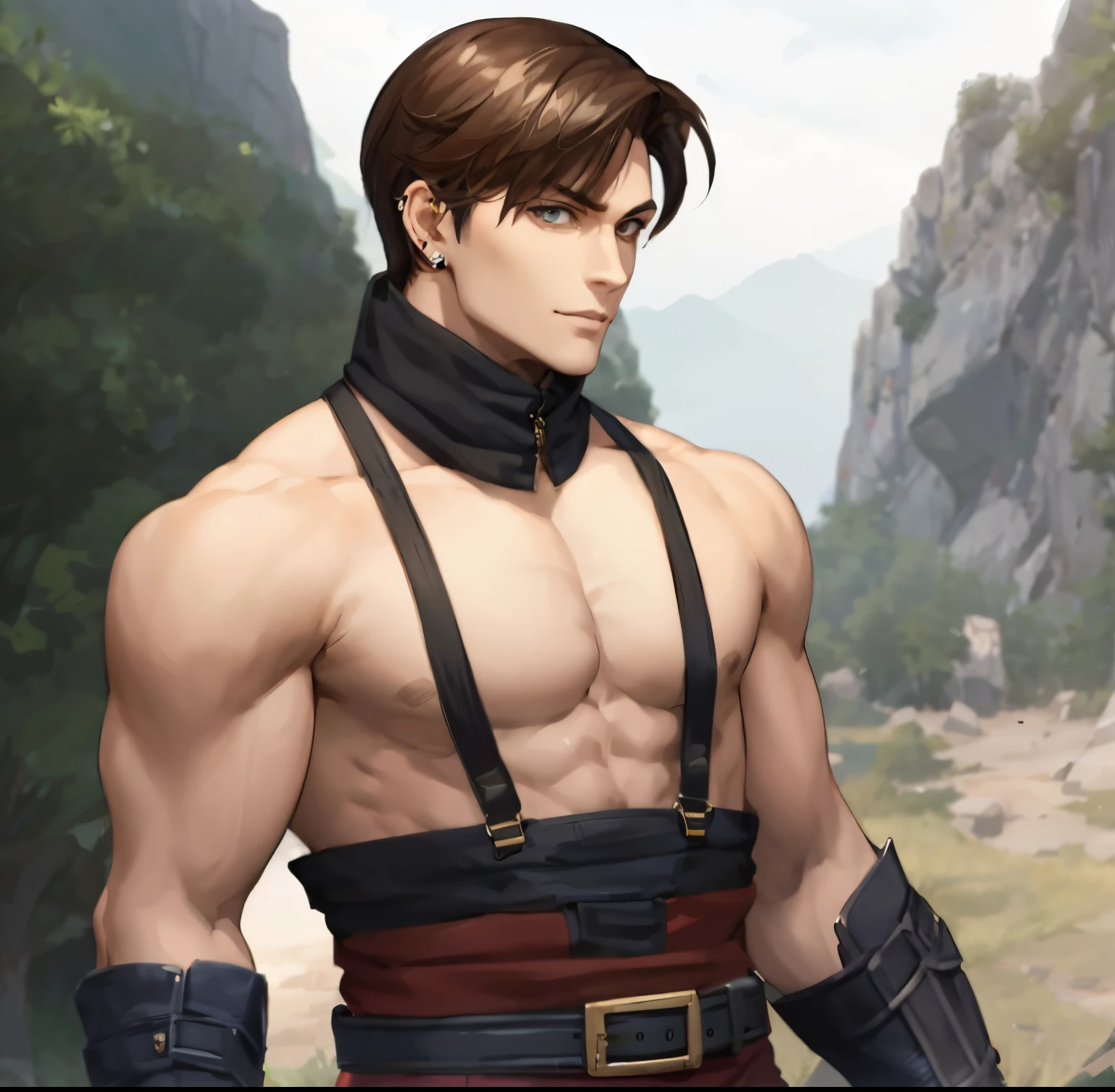 a close up of a man with a shirt on and a belt around his waist, muscular male hero, handsome prince of persia, sylas, roguish smirk, casimir art, anime handsome man, as a character in tekken, inspired by Li Kan, human male character art, character from king of fighters, big chest, g liulian art style, piercings