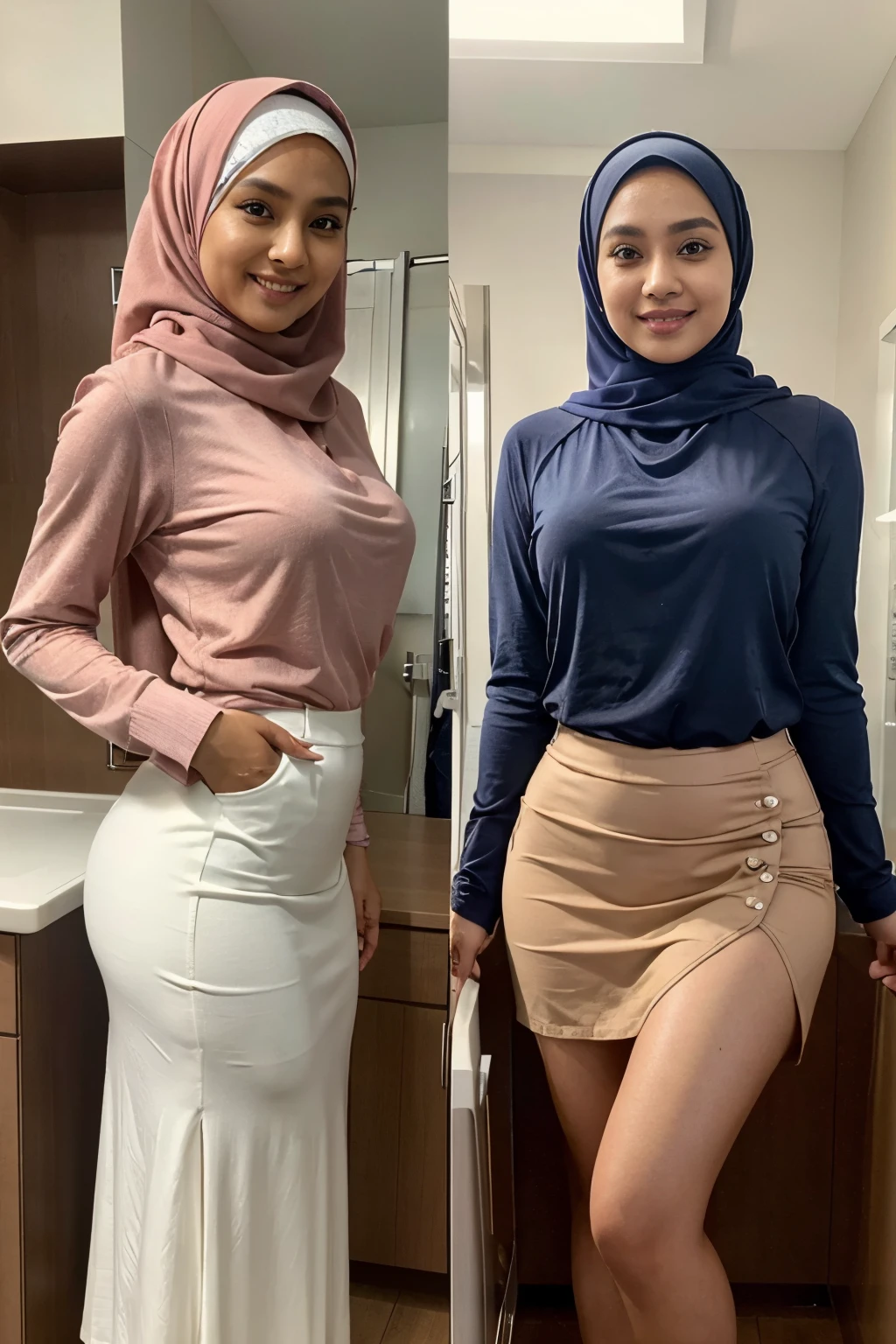 RAW, Best quality, high resolution, masterpiece: 1.3, 1 beautiful Malay woman in hijab, big gorgeous eyes, smiling, wearing loose long sleeve blouse and really tight long skirt, cut side skirt showing 1 thigh, full covered, in changing room, Excellent lighting, Bright colors, Clean lines, full body shot.