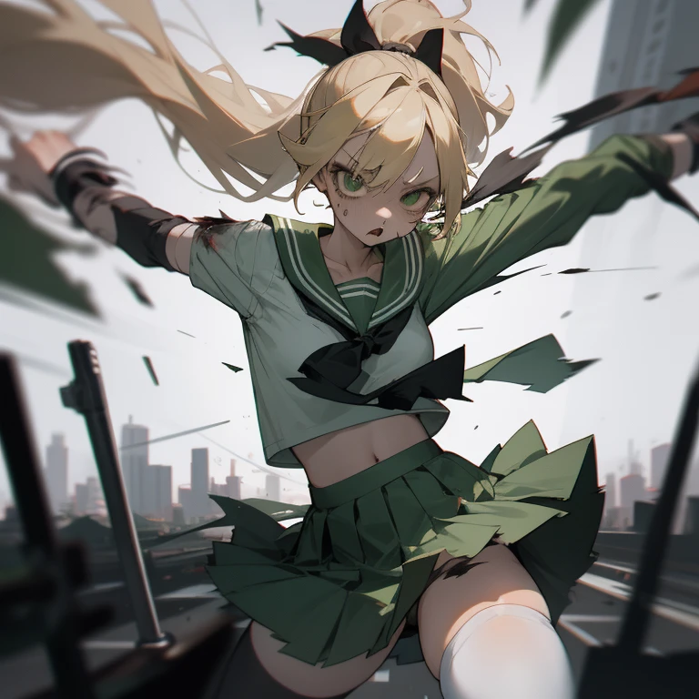 1girl, serafuku, green sailor collar, white shirt, green skirt, thighhighs, ponytail,high-waist skirt, black bow, long blond hair, blood, scared, torn clothes, torn legwear, torn shirt, torn skirt, surrounded, zombie, pov hands, fleeing, city, street, rifle, destruction,, masterpiece, best quality, highly detailed