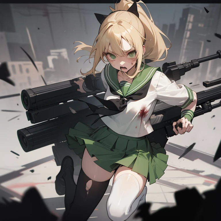 1girl, serafuku, green sailor collar, white shirt, green skirt, thighhighs, ponytail,high-waist skirt, black bow, long blond hair, blood, scared, torn clothes, torn legwear, torn shirt, torn skirt, surrounded, zombie, pov hands, fleeing, city, street, rifle, destruction,, masterpiece, best quality, highly detailed