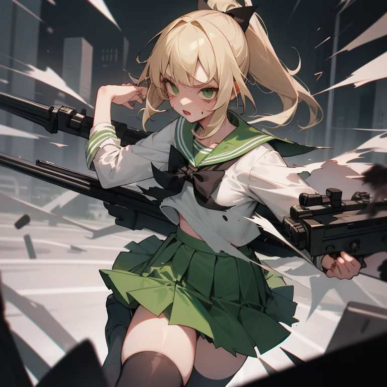 1girl, serafuku, green sailor collar, white shirt, green skirt, thighhighs, ponytail,high-waist skirt, black bow, long blond hair, blood, scared, torn clothes, torn legwear, torn shirt, torn skirt, surrounded, zombie, pov hands, fleeing, city, street, rifle, destruction,, masterpiece, best quality, highly detailed