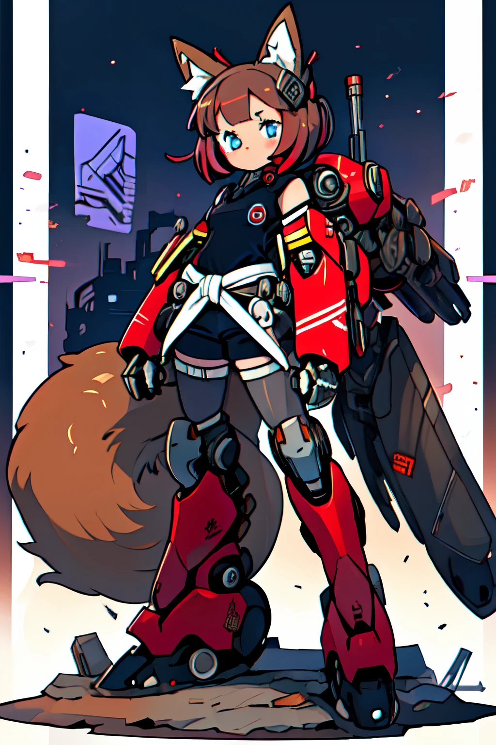 Masterpiece, intricate, anime style, full body, 1girl, rakkun, mecha girl, racoon ears, 1tail, fluffy tail, racoon tail, brown and light brown ringed tail, red and blue eyes blurred, cyber eyes, short hair, red inner hair, brown hair, a strand of hair on the left side, red hair strips, cybernetic body, mecha arms, mecha legs, mechanical arms, mechanical legs, short black shirt uncovered on the shoulders and with a black mesh with black borders up to the collar, polo shirt, short black skitr whit dark red checkered, black belt around the waist, looking at viewer, best quality, 4k,highres, professional art, professional drawing, professional lineart, outlined markers