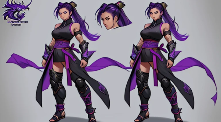 Sexy Asian warrior girl. Black and purple hair. Dragon armor motif. I'm the style of mortal Kombat. Concept art using wing chun martial arts. Show full body. Sex appeal.