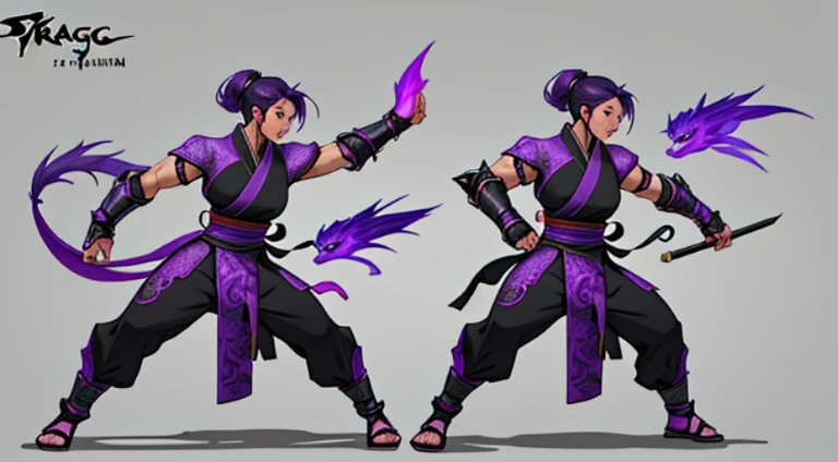 Sexy Asian warrior girl. Black and purple hair. Dragon armor motif. I'm the style of mortal Kombat. Concept art using wing chun martial arts. Show full body. Sex appeal.