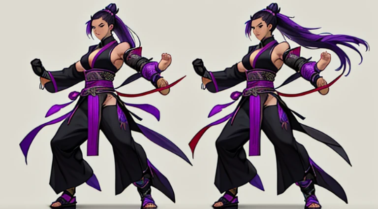 Sexy Asian warrior girl. Black and purple hair. Dragon armor motif. I'm the style of mortal Kombat. Concept art using wing chun martial arts. Show full body. Sex appeal.