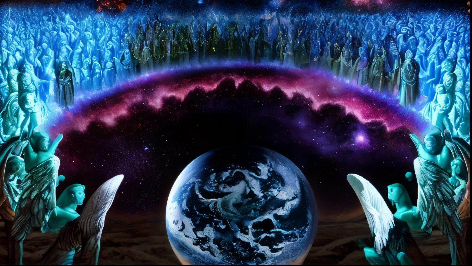 uma pintura de anjos cercando a terra cercados por pessoas, heaven on earth, heaven planet in background, some cosmic angels, creation of the world, Segunda vinda, many beings walking about, reino divino dos deuses, seres solares, energetic beings patrolling, aliens invading earth, com a terra, spiritual evolution, luz radiante global, humanity like cosmic structure, heaven!!!!!!!!, seres de tecnologia luminosa