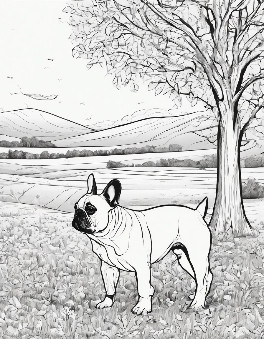 French Bulldog next to a tree in a field, for coloring page, high quality, black and white, no shading