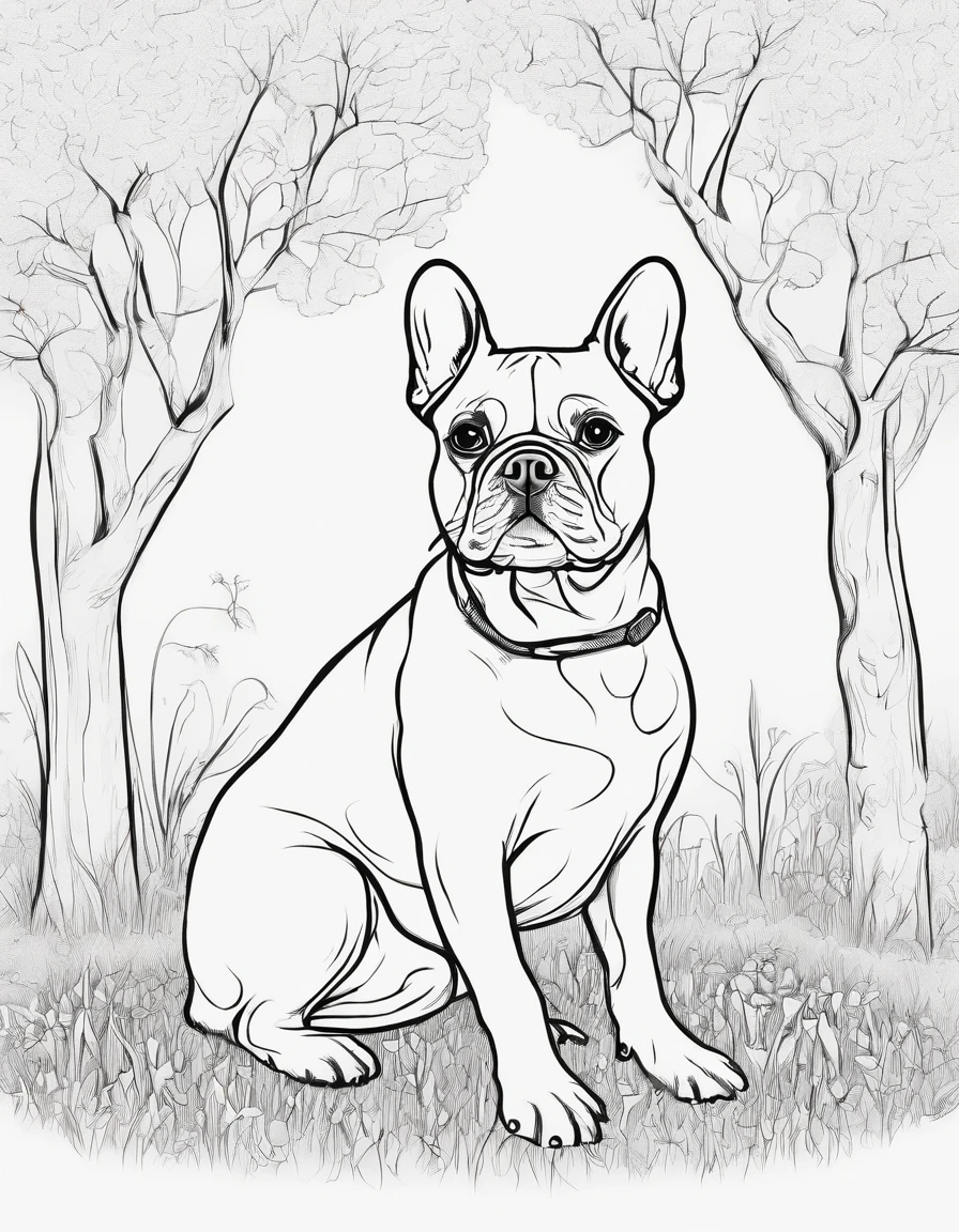 French Bulldog next to a tree in a field, for coloring page, high quality, black and white, no shading